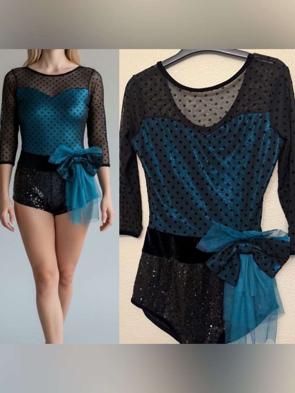 Curtain Call Dance Costume custom E1386 blue polkadot mesh leotard MA med adult